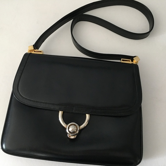 Gucci Black Leather Handbag 2 Way Straps 1980's Vintage - Picture 10 of 15